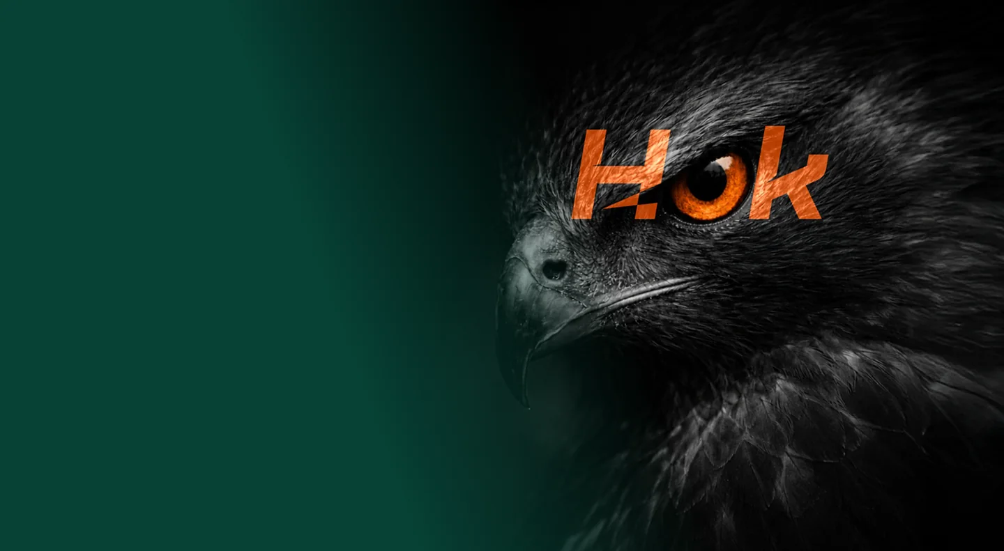 Olho de ave de rapina com o logo HOK, símbolo das experiências de networking empresarial